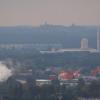 Widok w wieży - Huta Szkła, Walcownia Blach - na niebiesko, w oddali Zamek w Olsztynie, Tadeusz Walkowicz
