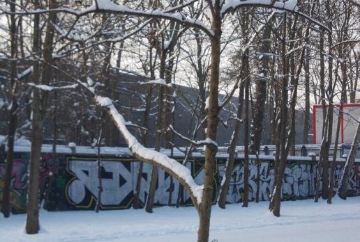 Budynek Orientarium ponad murem z graffiti, tomtur